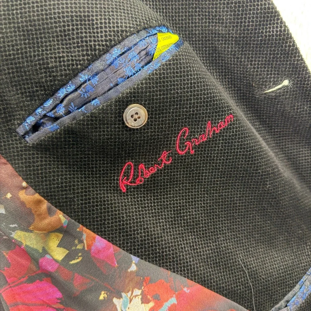 Robert Graham Mens 50L Classic Fit Black Velvet Blazer Peak Lapel Floral Lining